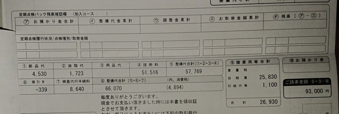 14 ヴェゼル ハイブリッドの車検費用 93 000円 15年式 走行距離50 600km あんしん車検ガイド 運営会社 尾賀亀